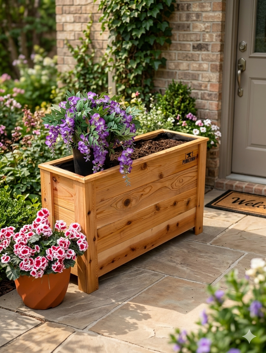 Phokiron Slim Artisan Cedar Planter | Narrow Profile Entryway & Balcony Space-Saver
