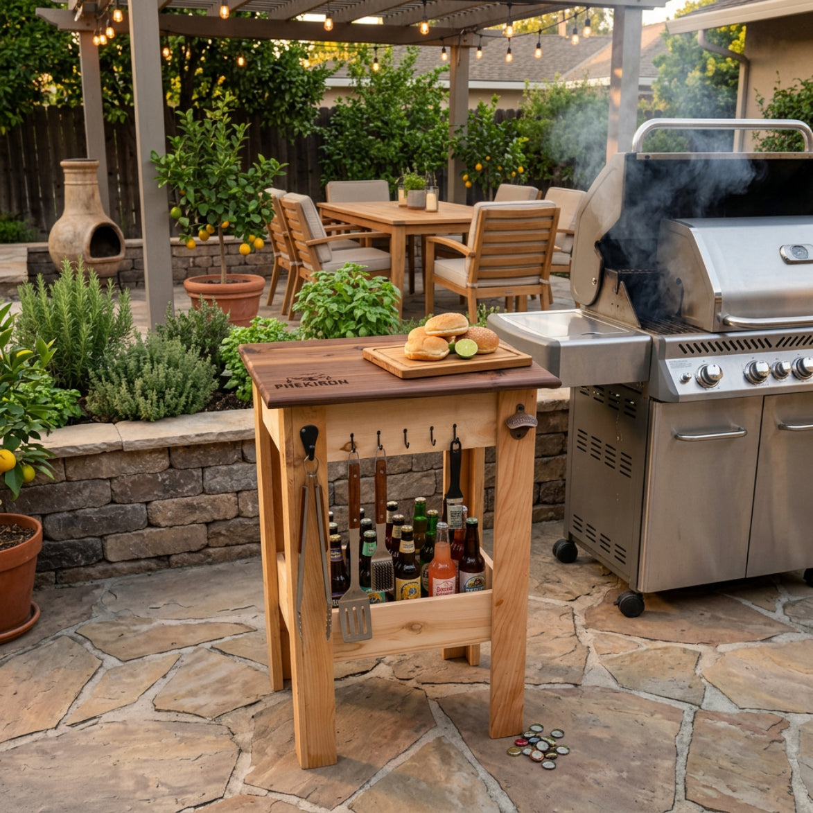 Cedar BBQ Side Table with Omni-Armor Top, Handcrafted Outdoor Kitchen Cart